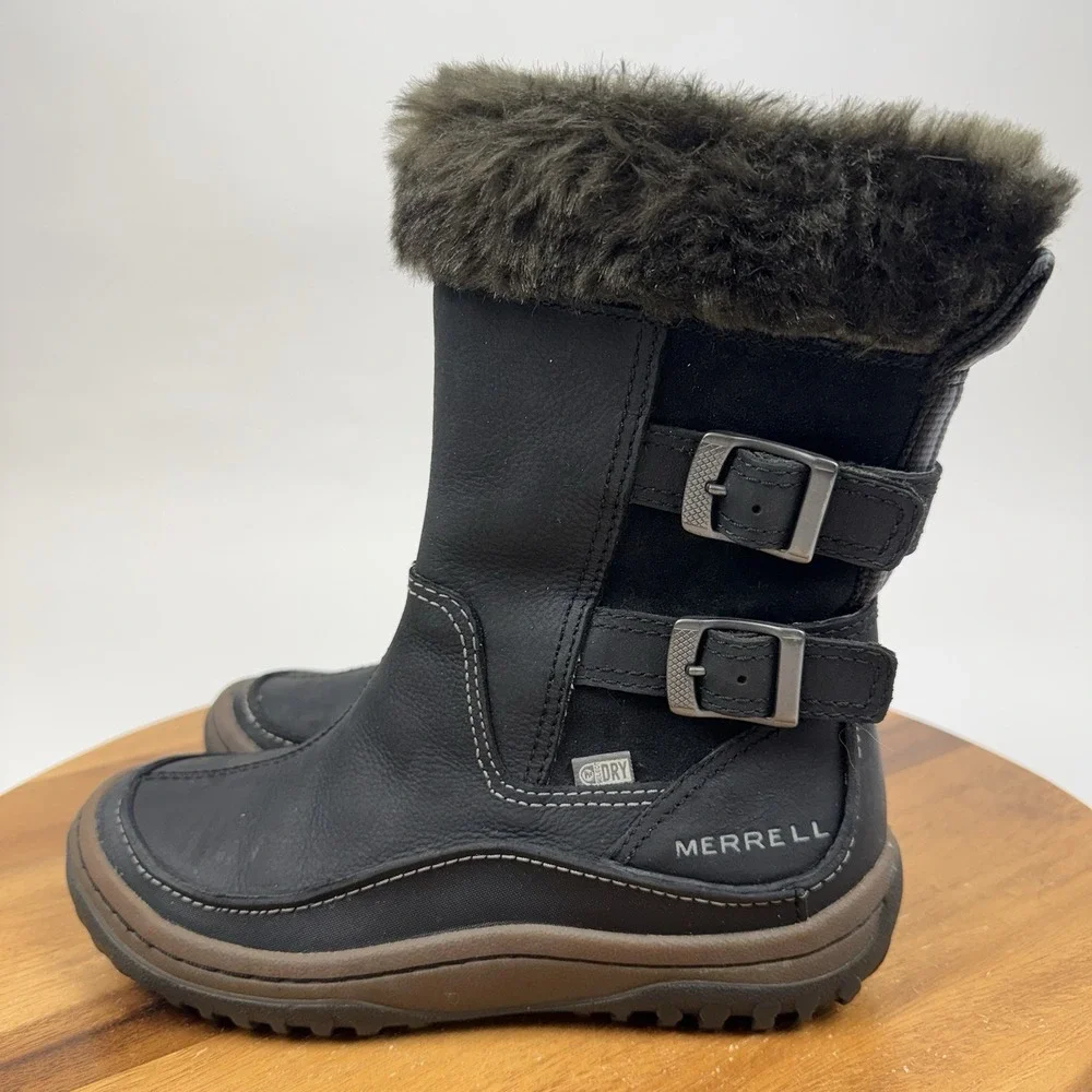 Womens Merrell Decora Chant Black Leather Mid Waterproof Faux Fur Boots Size 6 M